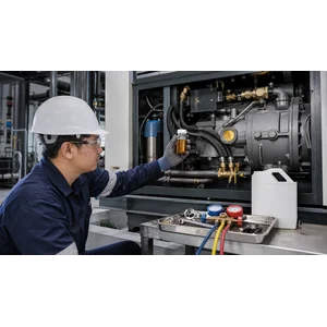 Teknisi memeriksa kondisi oil compressor pada chiller industri