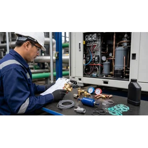 Teknisi memeriksa expansion valve dan spare part chiller industri